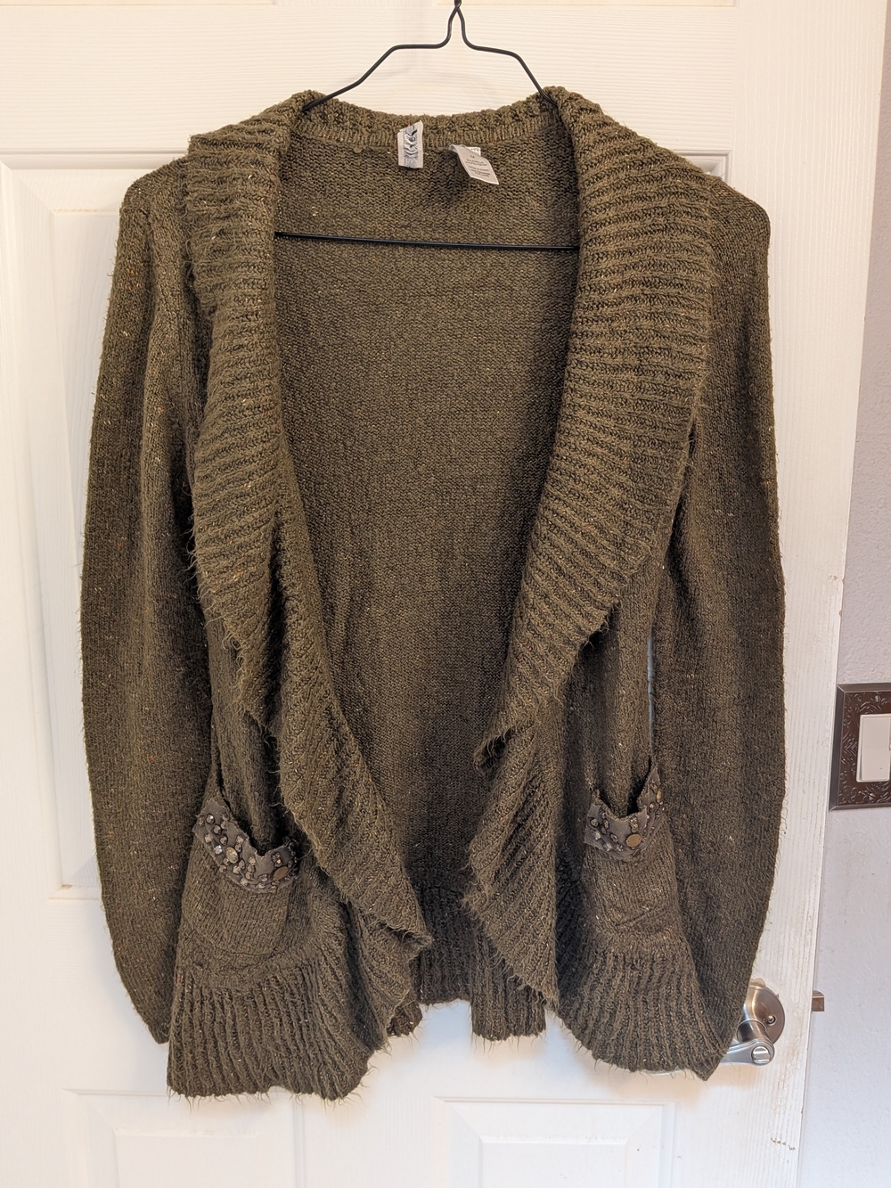 BKE Olive Open-Front Cardigan with Studded Pocket Detail